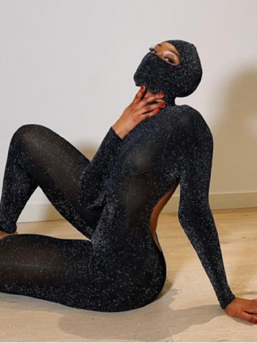 Sparkle Black backless Jumpsuit with sparkle ski mask